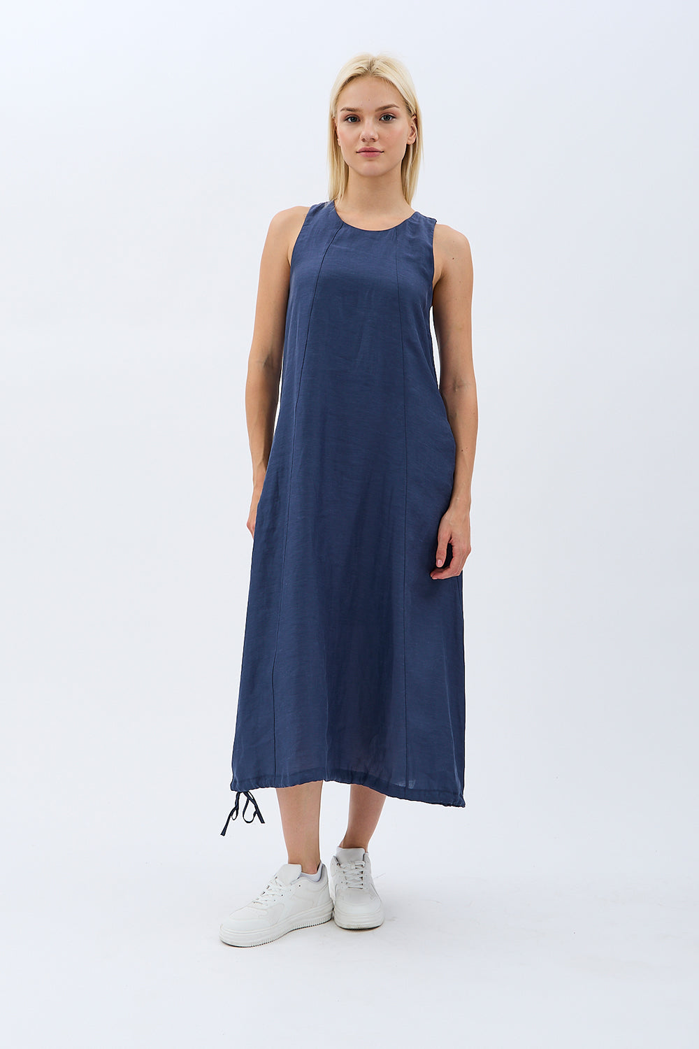 Diagonal-Kolyeli Salaş Elbise (Lacivert)-ELBİSE-8-Milagron.com