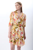 Diagonal-Kruvaze Yaka çiçekli Elbise (Desenli)-ELBİSE-11-Milagron.com