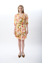 Diagonal-Kruvaze Yaka çiçekli Elbise (Desenli)-ELBİSE-13-Milagron.com