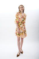 Diagonal-Kruvaze Yaka çiçekli Elbise (Desenli)-ELBİSE-16-Milagron.com