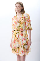 Diagonal-Kruvaze Yaka çiçekli Elbise (Desenli)-ELBİSE-19-Milagron.com