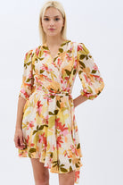 Diagonal-Kruvaze Yaka çiçekli Elbise (Desenli)-ELBİSE-6-Milagron.com