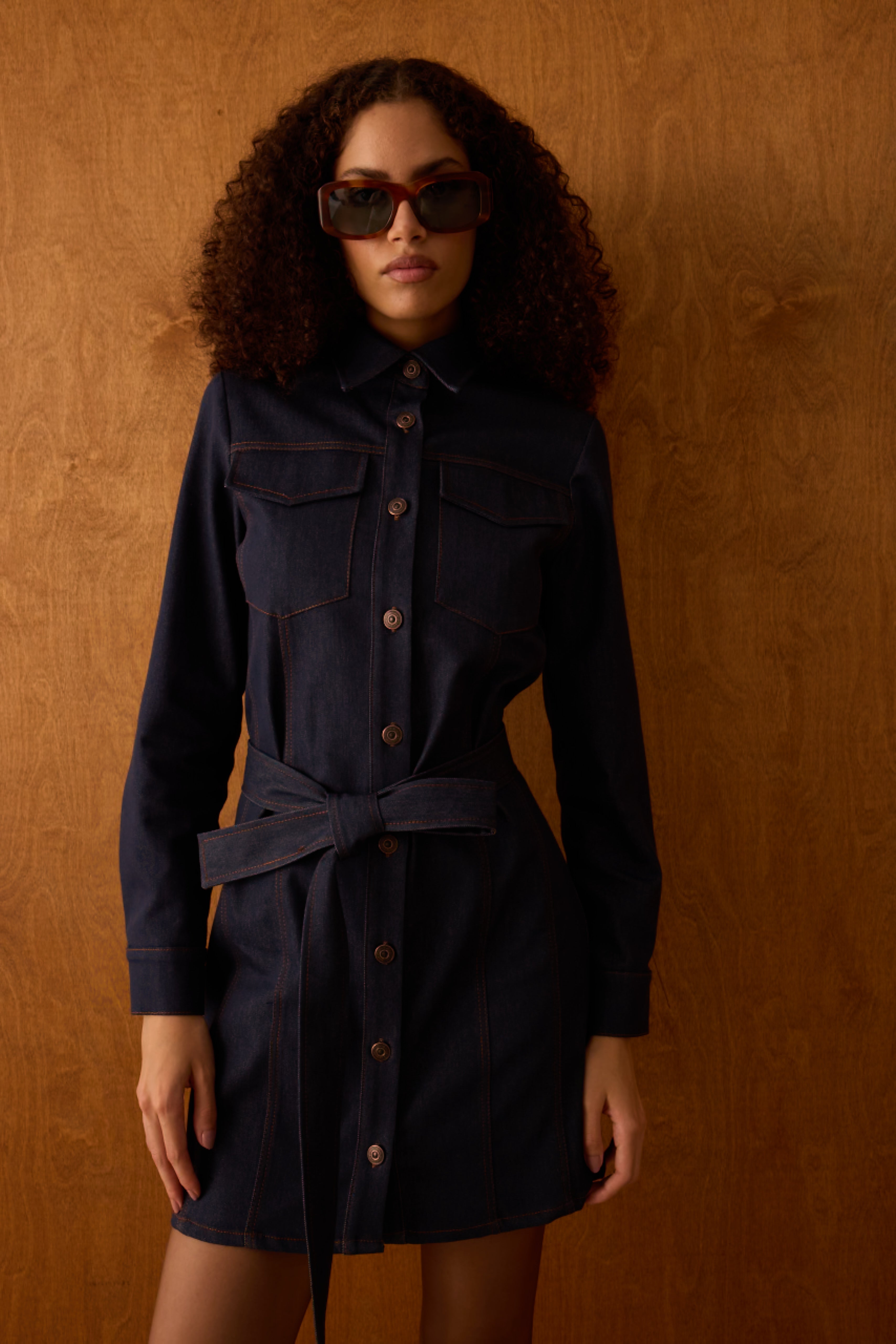 Diagonal-Kuşaklı Denim Elbise-Elbise-3-Milagron.com