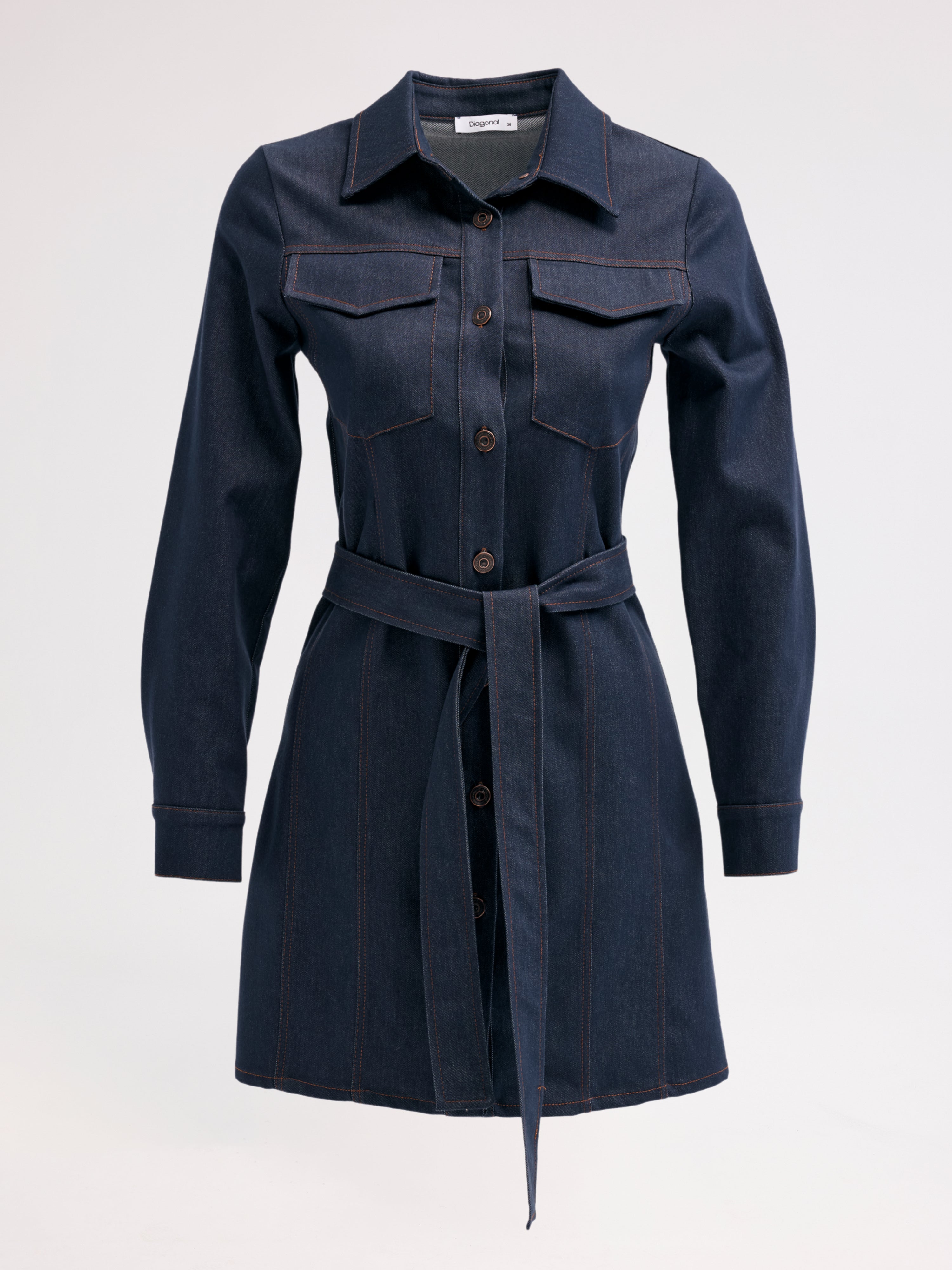 Diagonal-Kuşaklı Denim Elbise-Elbise-4-Milagron.com