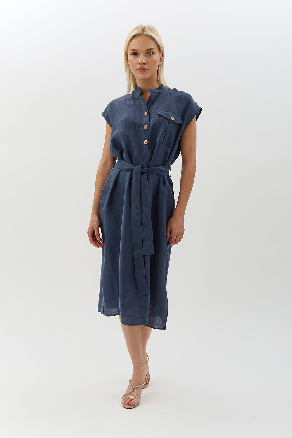 Diagonal-Kuşaklı Düğme Detaylı Elbise-Elbise-1-Milagron.com