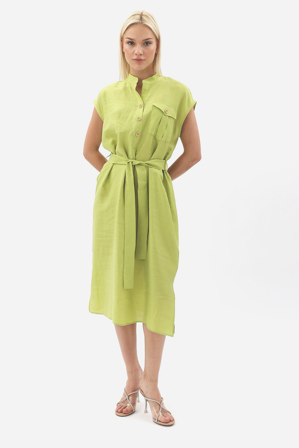 Diagonal-Kuşaklı Düğme Detaylı Elbise-Elbise-1-Milagron.com