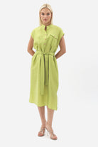 Diagonal-Kuşaklı Düğme Detaylı Elbise-Elbise-1-Milagron.com