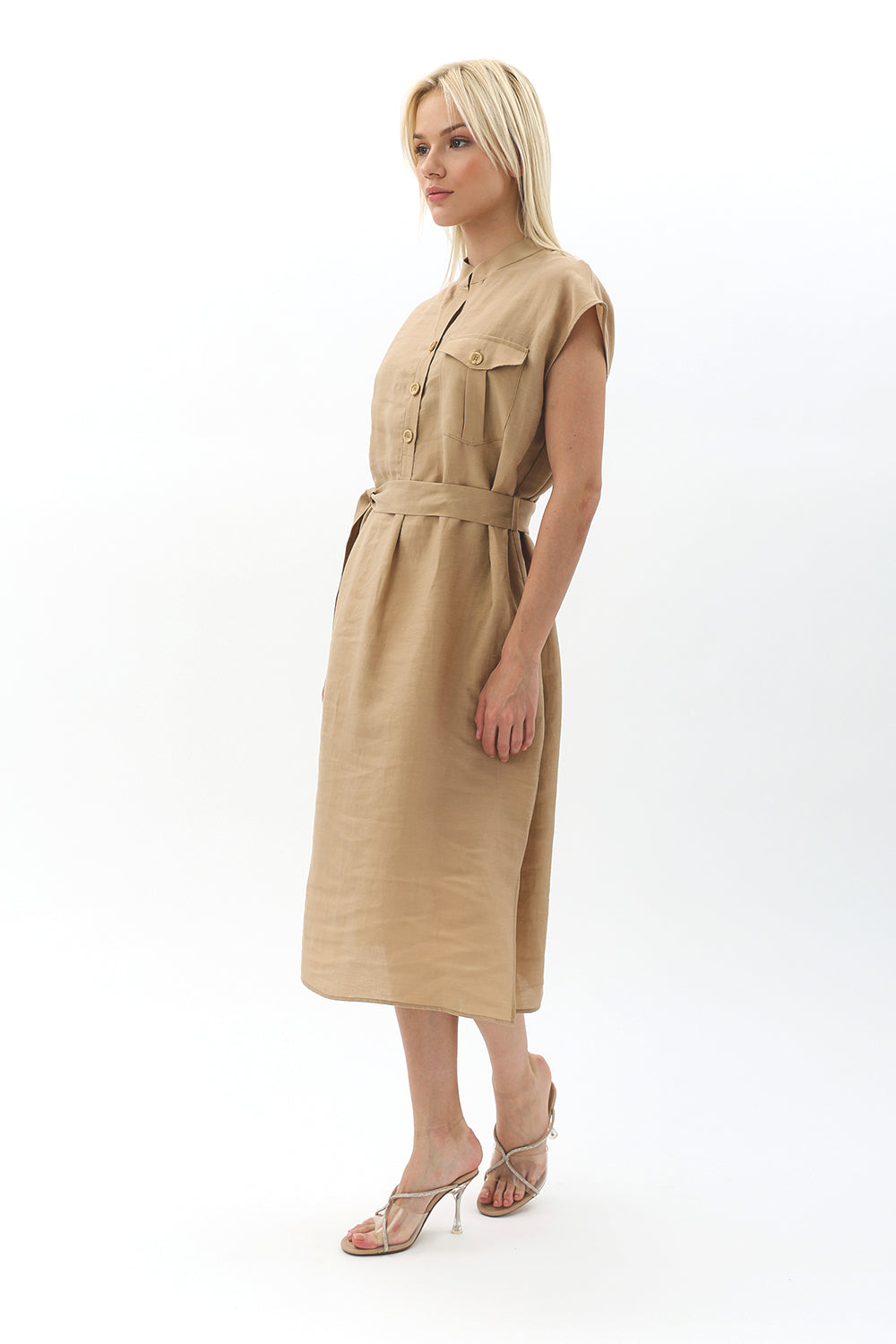 Diagonal-Kuşaklı Düğme Detaylı Elbise-Elbise-1-Milagron.com