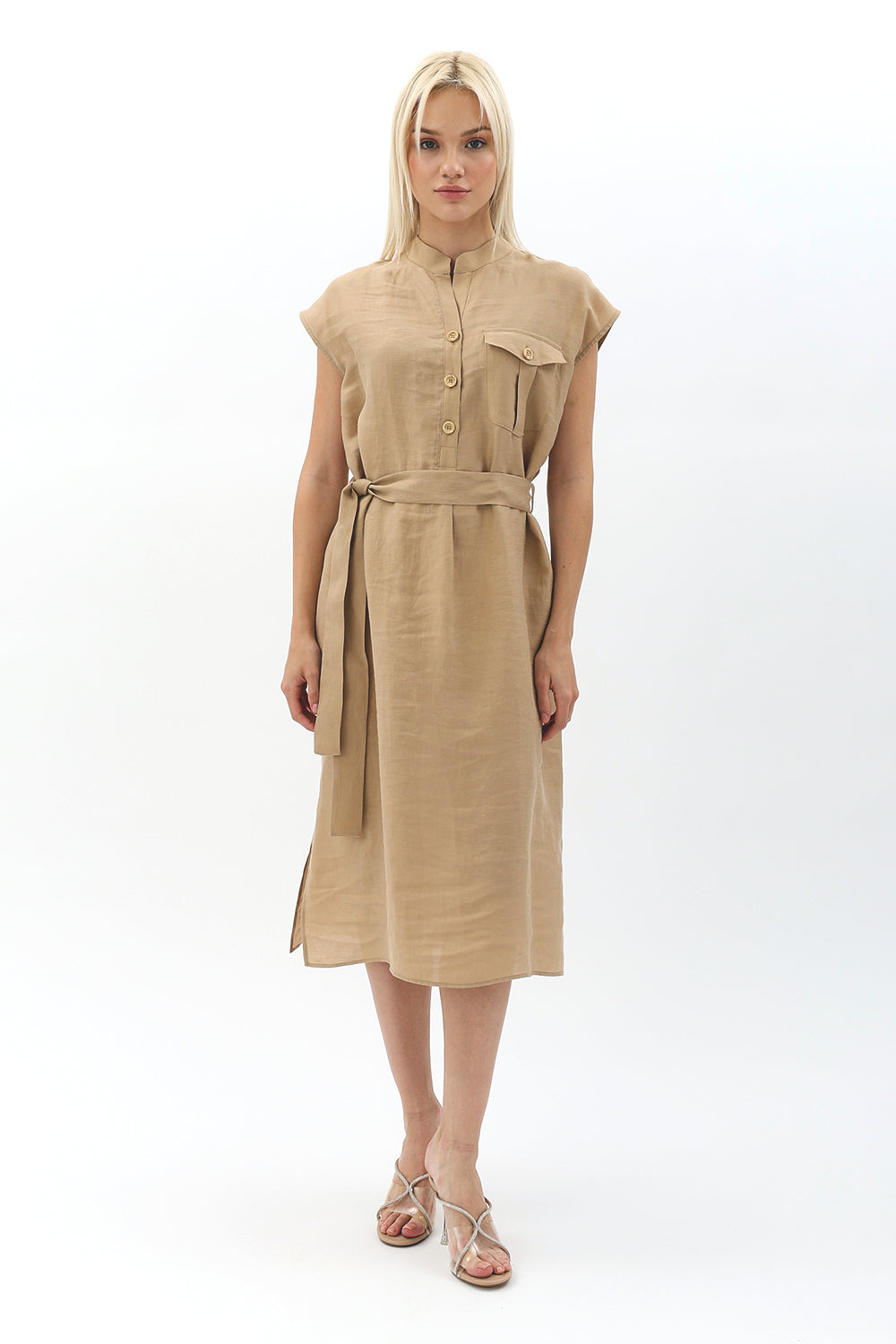 Diagonal-Kuşaklı Düğme Detaylı Elbise-Elbise-3-Milagron.com