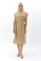 Diagonal-Kuşaklı Düğme Detaylı Elbise-Elbise-3-Milagron.com