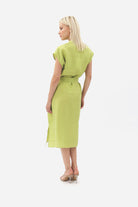 Diagonal-Kuşaklı Düğme Detaylı Elbise-Elbise-4-Milagron.com