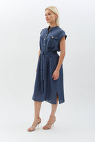 Diagonal-Kuşaklı Düğme Detaylı Elbise-Elbise-5-Milagron.com