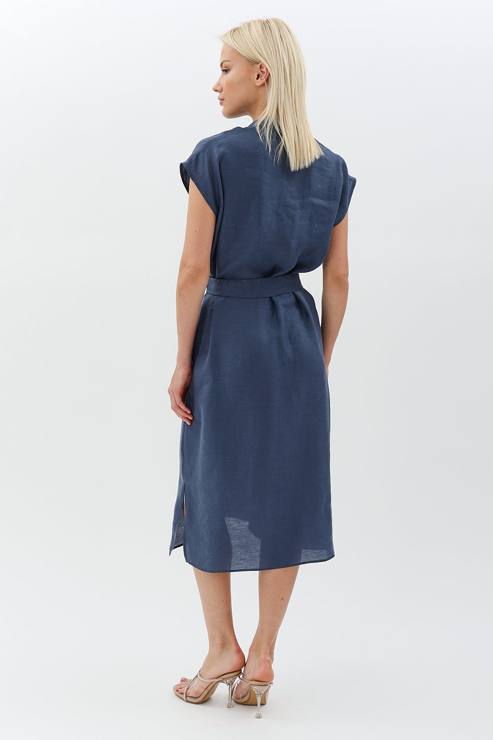 Diagonal-Kuşaklı Düğme Detaylı Elbise-Elbise-6-Milagron.com