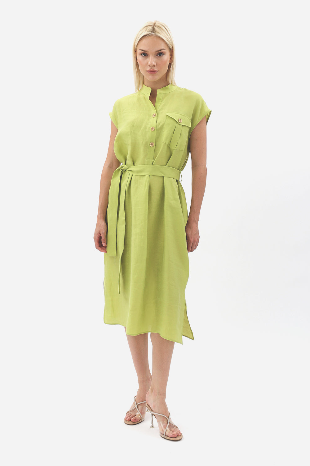 Diagonal-Kuşaklı Düğme Detaylı Elbise-Elbise-6-Milagron.com