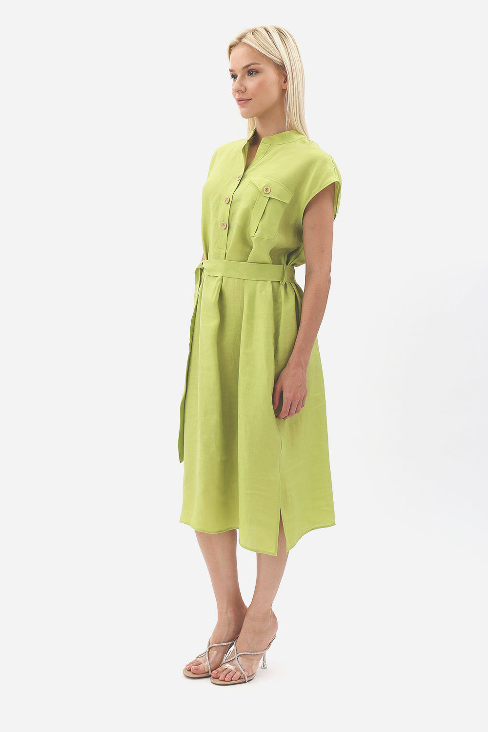 Diagonal-Kuşaklı Düğme Detaylı Elbise-Elbise-7-Milagron.com