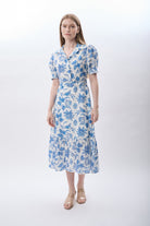 Diagonal-Mavi çiçek Desenli Kemerli Elbise-Elbise-1-Milagron.com