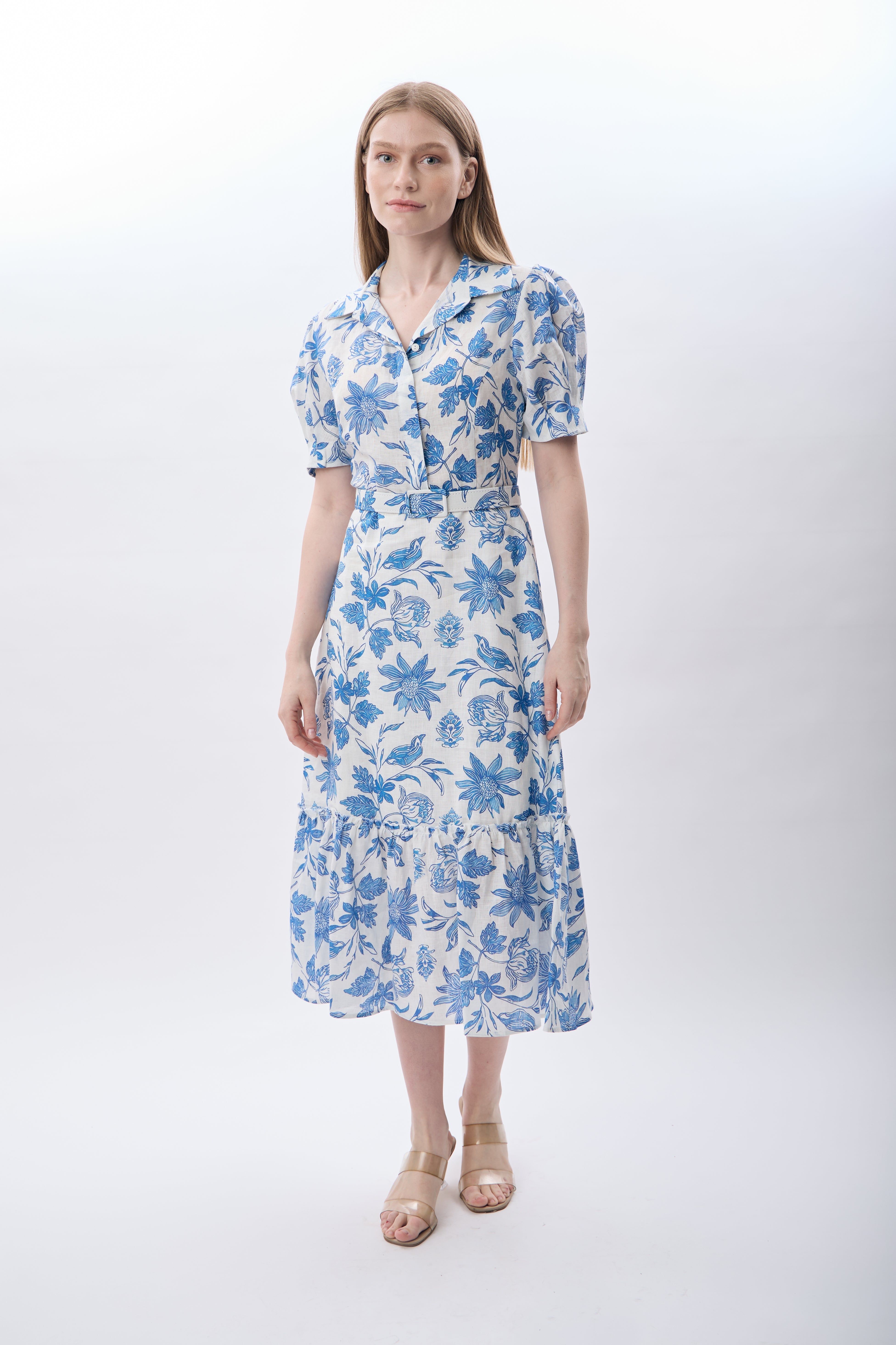 Diagonal-Mavi çiçek Desenli Kemerli Elbise-Elbise-1-Milagron.com