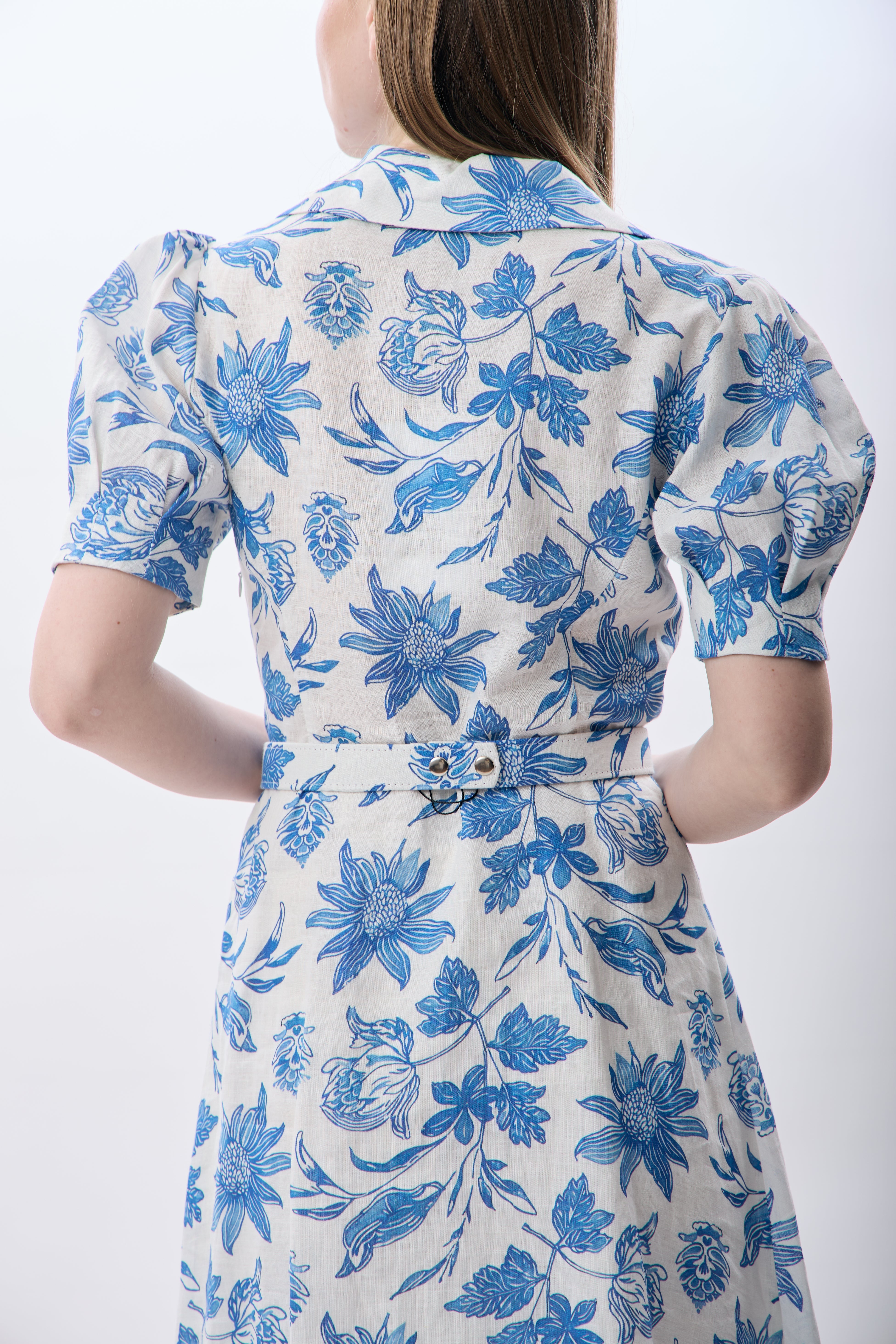 Diagonal-Mavi çiçek Desenli Kemerli Elbise-Elbise-2-Milagron.com