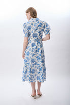 Diagonal-Mavi çiçek Desenli Kemerli Elbise-Elbise-3-Milagron.com