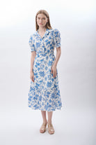 Diagonal-Mavi çiçek Desenli Kemerli Elbise-Elbise-4-Milagron.com