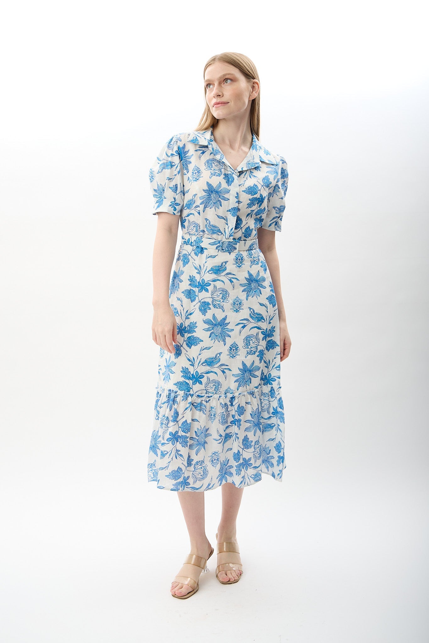 Diagonal-Mavi çiçek Desenli Kemerli Elbise-Elbise-5-Milagron.com