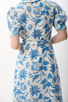 Diagonal-Mavi çiçek Desenli Kemerli Elbise-Elbise-8-Milagron.com