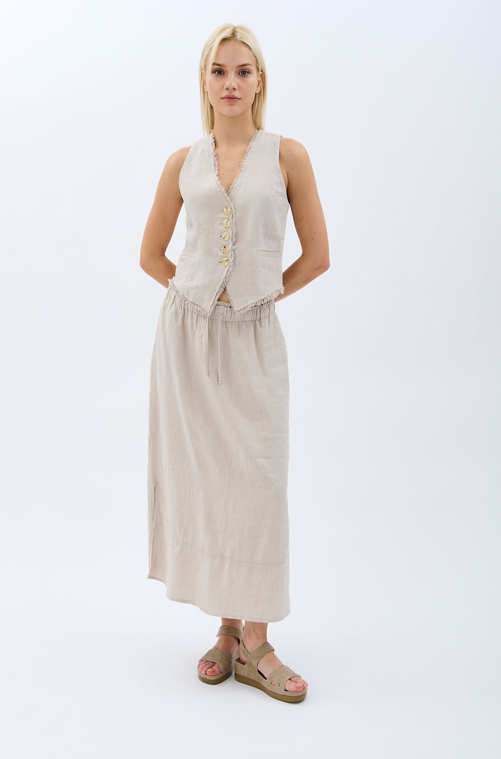 Diagonal-Saçak Detaylı Keten Etek-Etek-12-Milagron.com