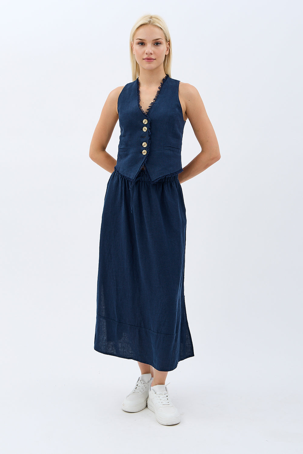 Diagonal-Saçak Detaylı Keten Etek-Etek-1-Milagron.com