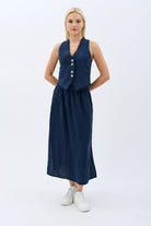 Diagonal-Saçak Detaylı Keten Etek-Etek-1-Milagron.com