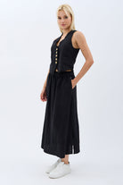 Diagonal-Saçak Detaylı Keten Etek-Etek-1-Milagron.com