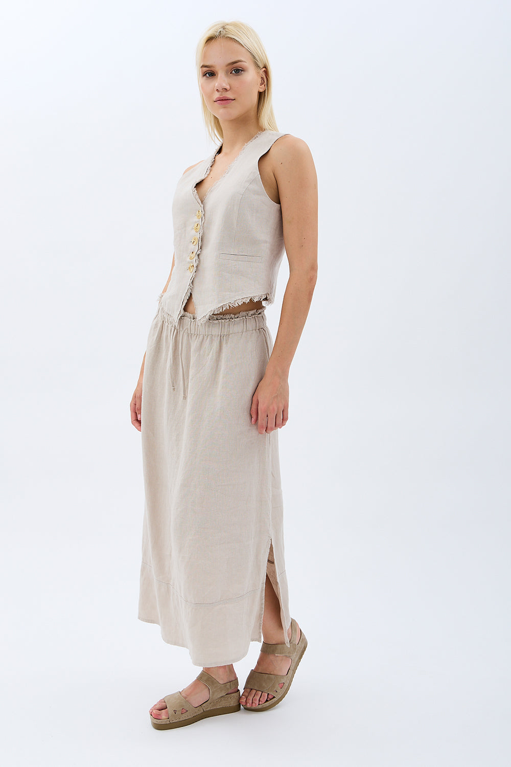 Diagonal-Saçak Detaylı Keten Etek-Etek-1-Milagron.com