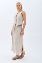 Diagonal-Saçak Detaylı Keten Etek-Etek-1-Milagron.com