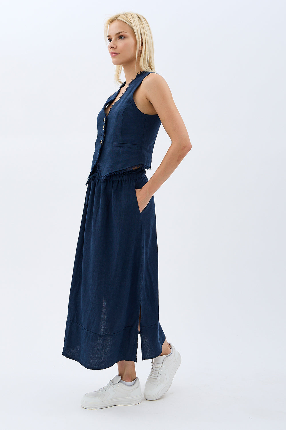 Diagonal-Saçak Detaylı Keten Etek-Etek-2-Milagron.com