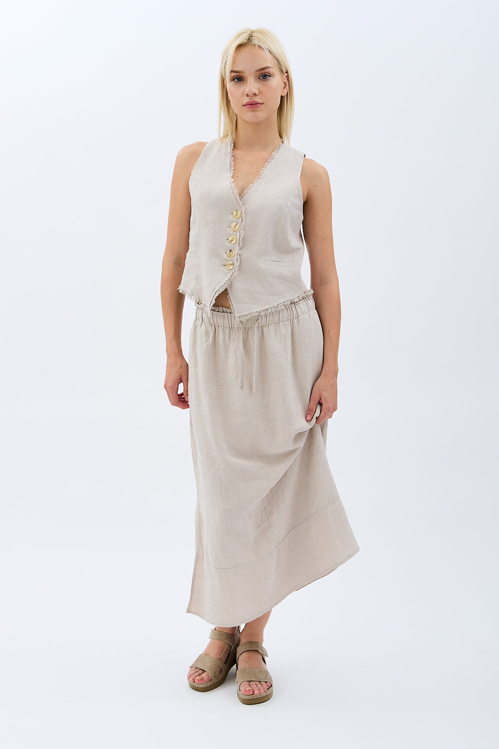 Diagonal-Saçak Detaylı Keten Etek-Etek-2-Milagron.com