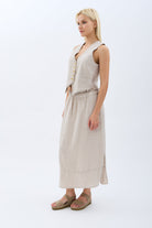 Diagonal-Saçak Detaylı Keten Etek-Etek-3-Milagron.com