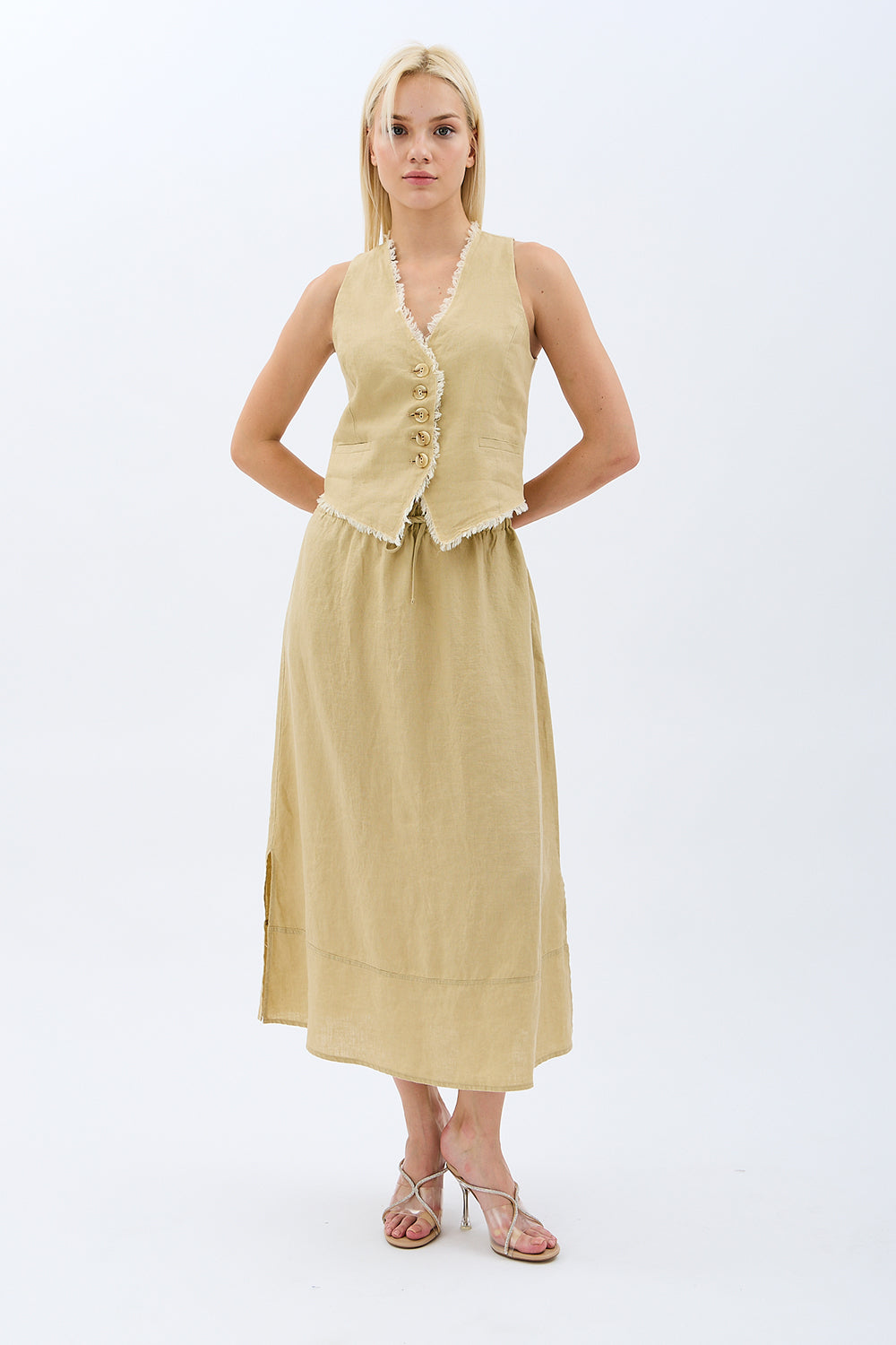 Diagonal-Saçak Detaylı Keten Etek-Etek-5-Milagron.com