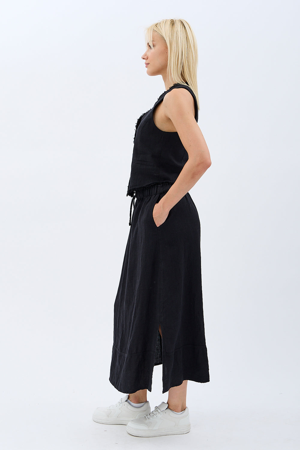 Diagonal-Saçak Detaylı Keten Etek-Etek-5-Milagron.com