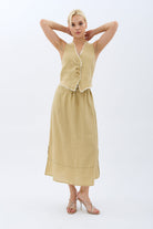 Diagonal-Saçak Detaylı Keten Etek-Etek-6-Milagron.com