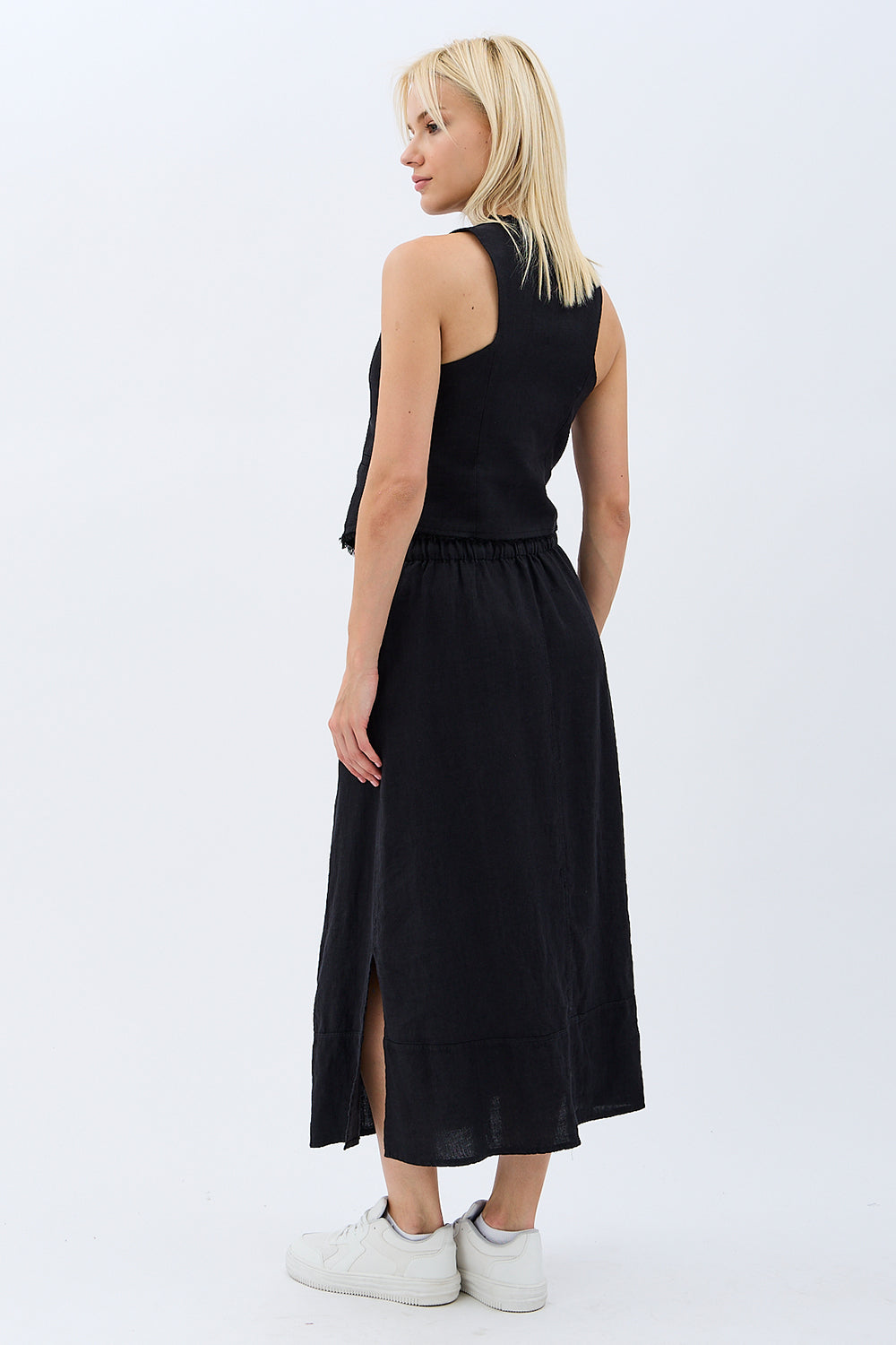 Diagonal-Saçak Detaylı Keten Etek-Etek-6-Milagron.com