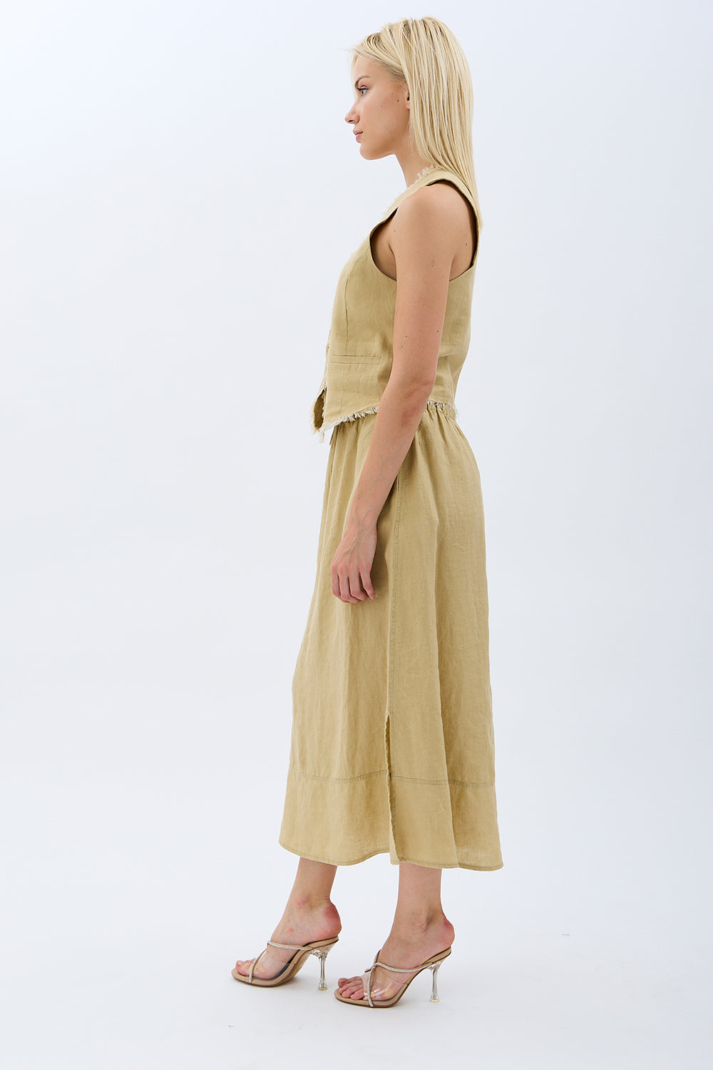 Diagonal-Saçak Detaylı Keten Etek-Etek-8-Milagron.com