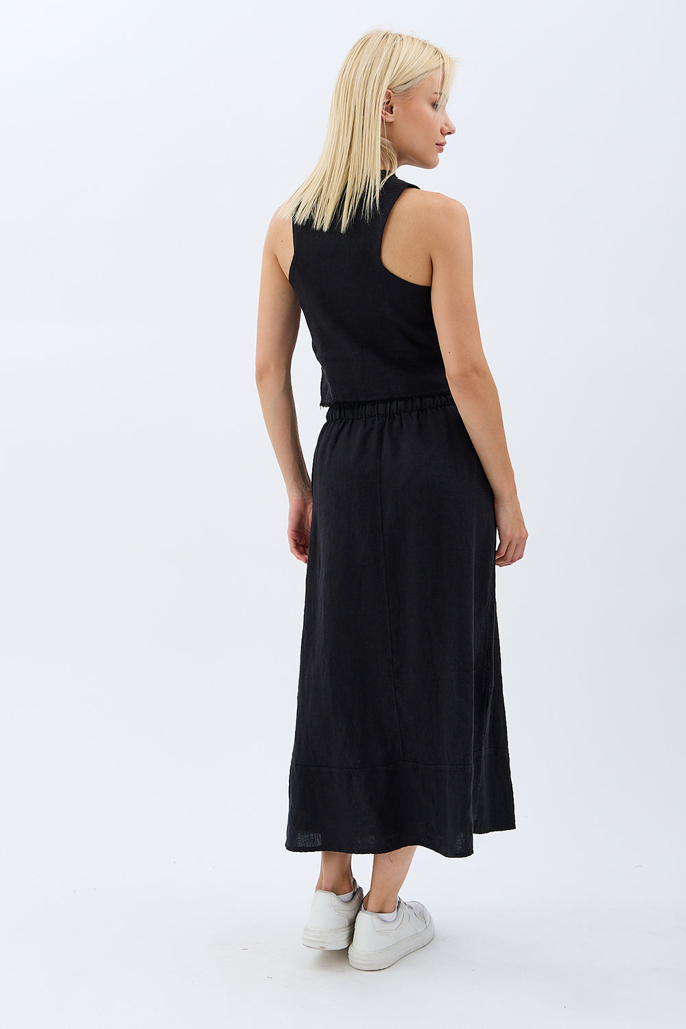 Diagonal-Saçak Detaylı Keten Etek-Etek-9-Milagron.com