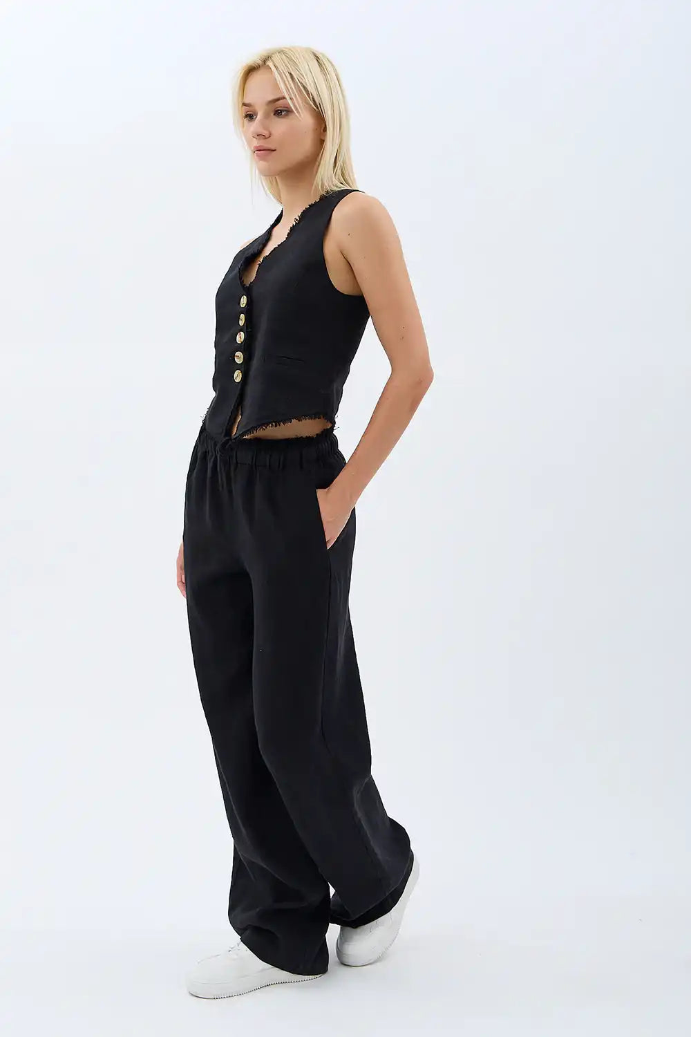 Saçaklı Keten Yelek (Siyah)