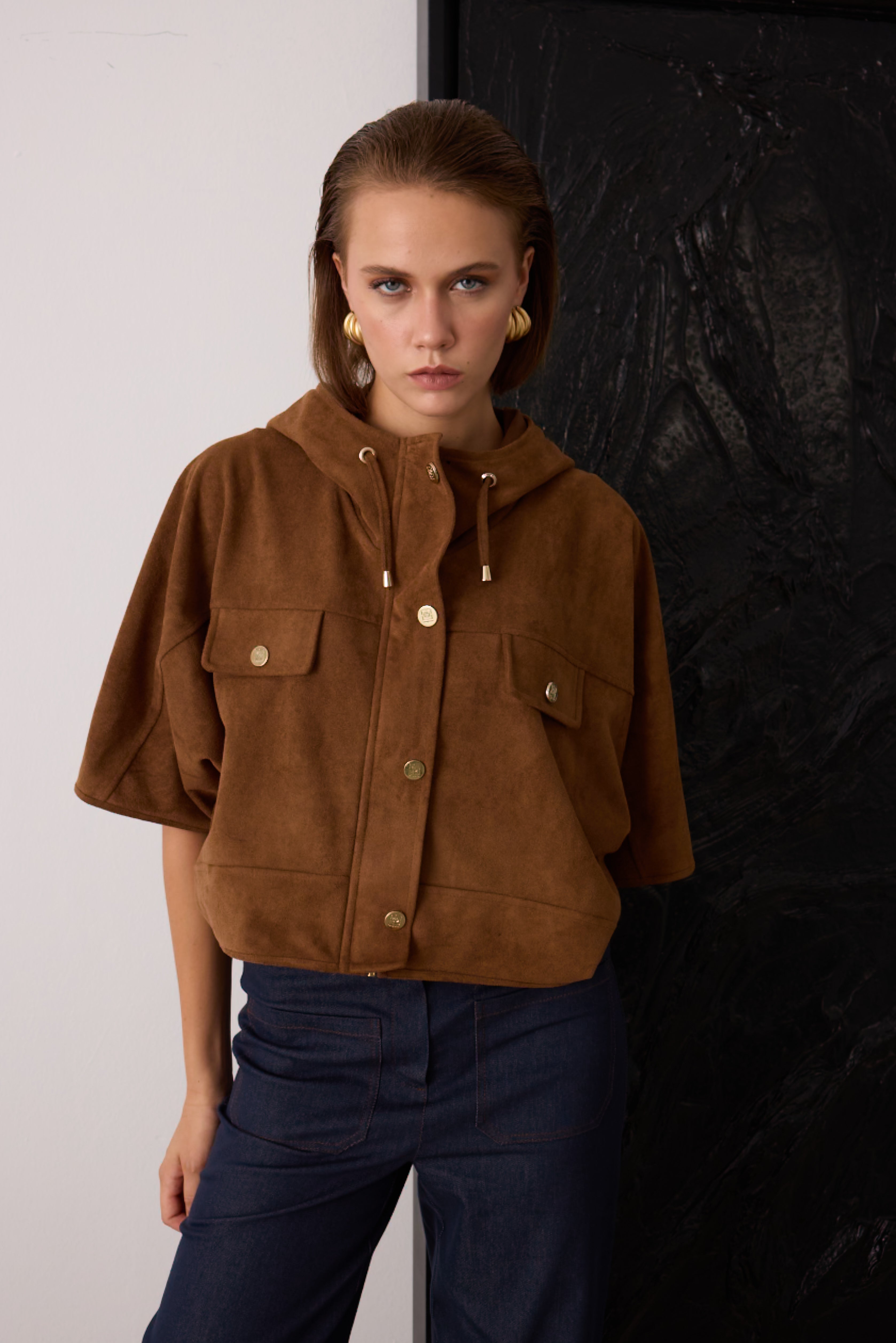 Diagonal-Süet Kapüşonlu Ceket (Camel)-CEKET-1-Milagron.com