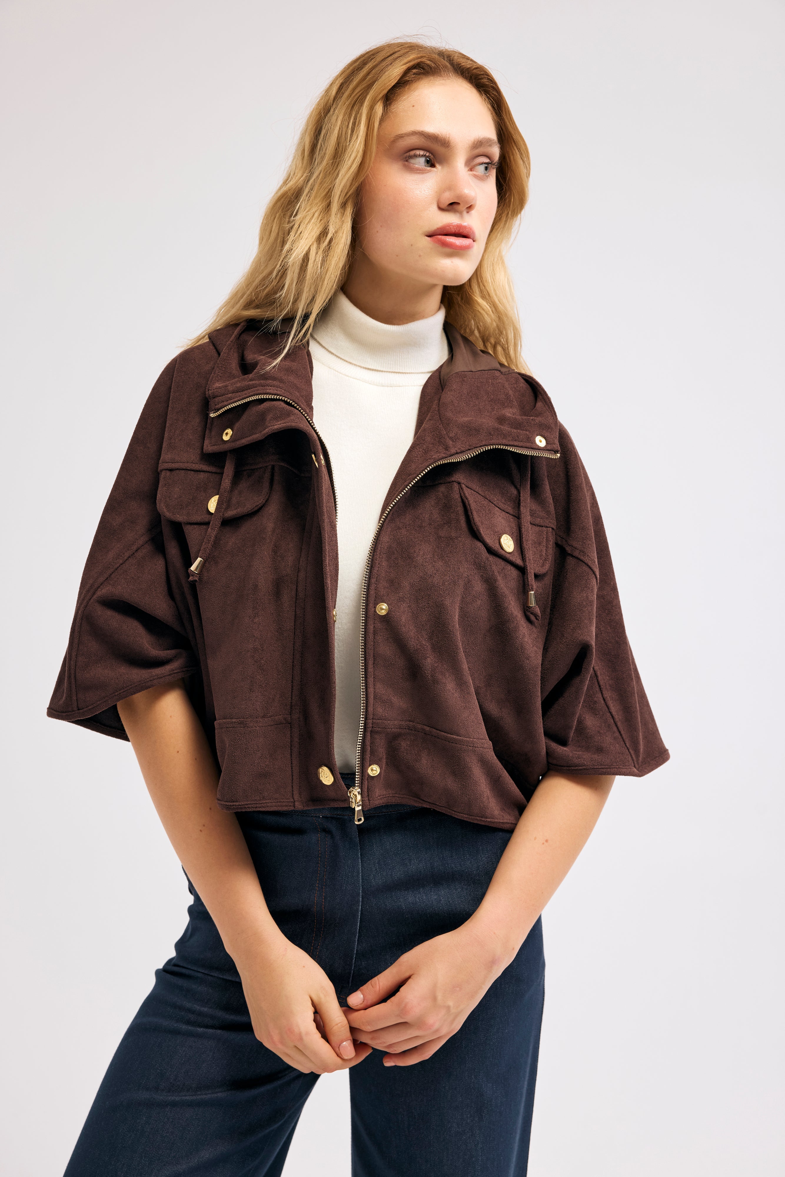 Diagonal-Süet Kapüşonlu Ceket (Kahverengi)-CEKET-1-Milagron.com