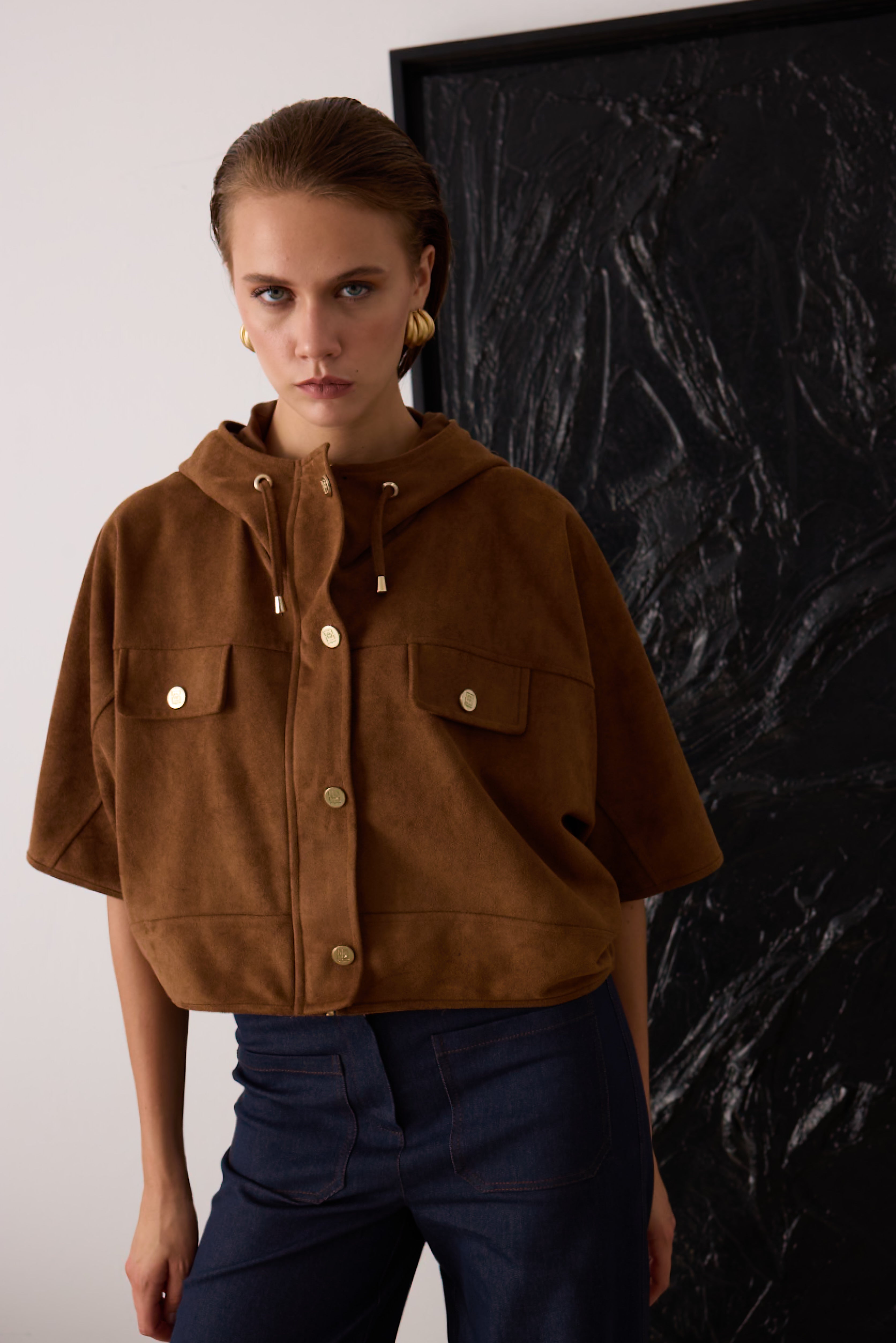 Diagonal-Süet Kapüşonlu Ceket (Camel)-CEKET-3-Milagron.com