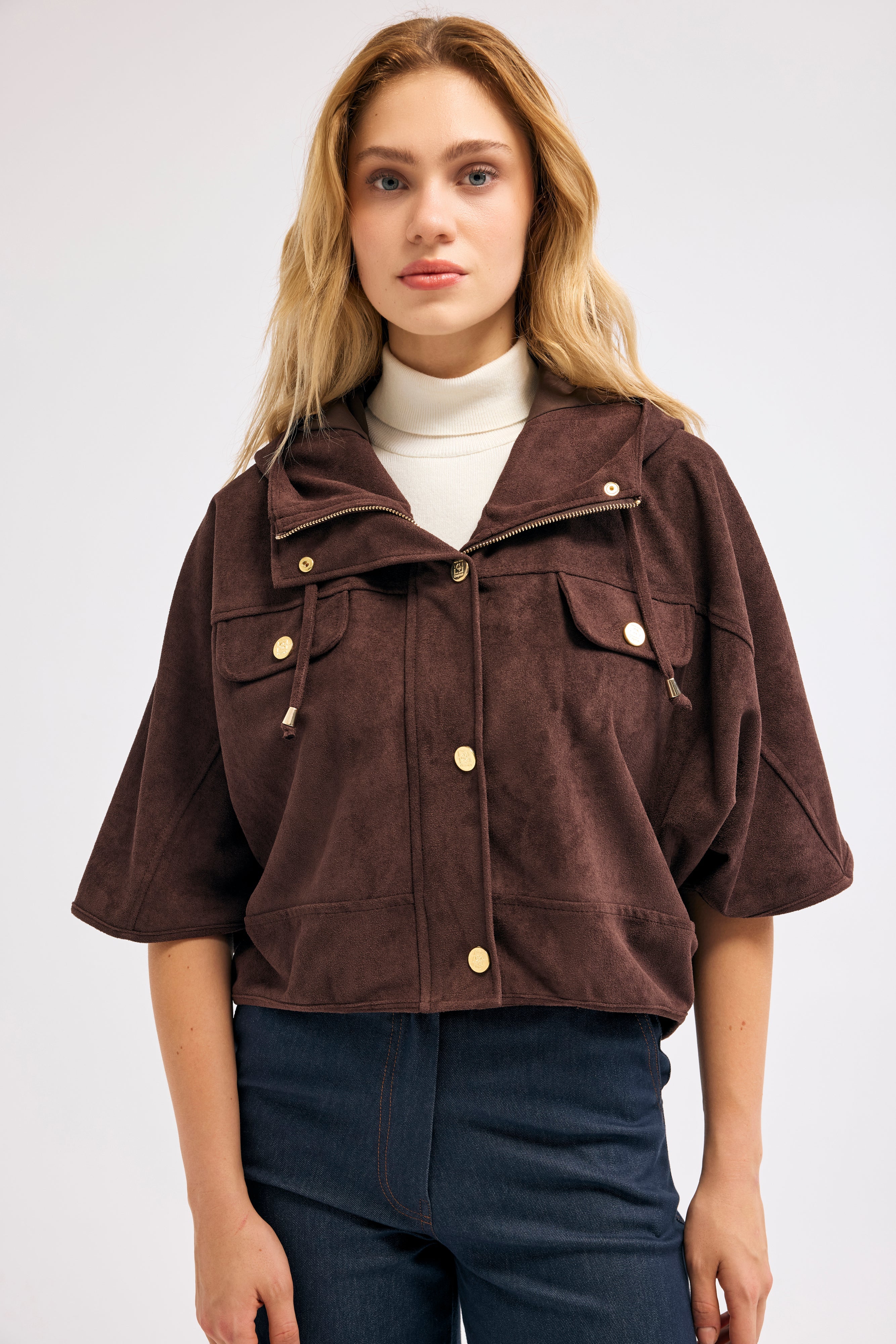 Diagonal-Süet Kapüşonlu Ceket (Kahverengi)-CEKET-7-Milagron.com