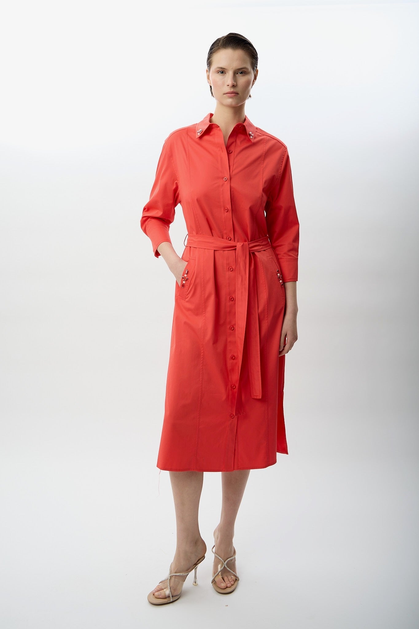 Diagonal-Taş Detaylı Gömlek Elbise-Elbise-4-Milagron.com