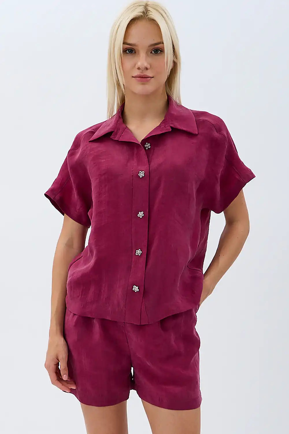 Tasarım Düğmeli Gömlek (Bordo)