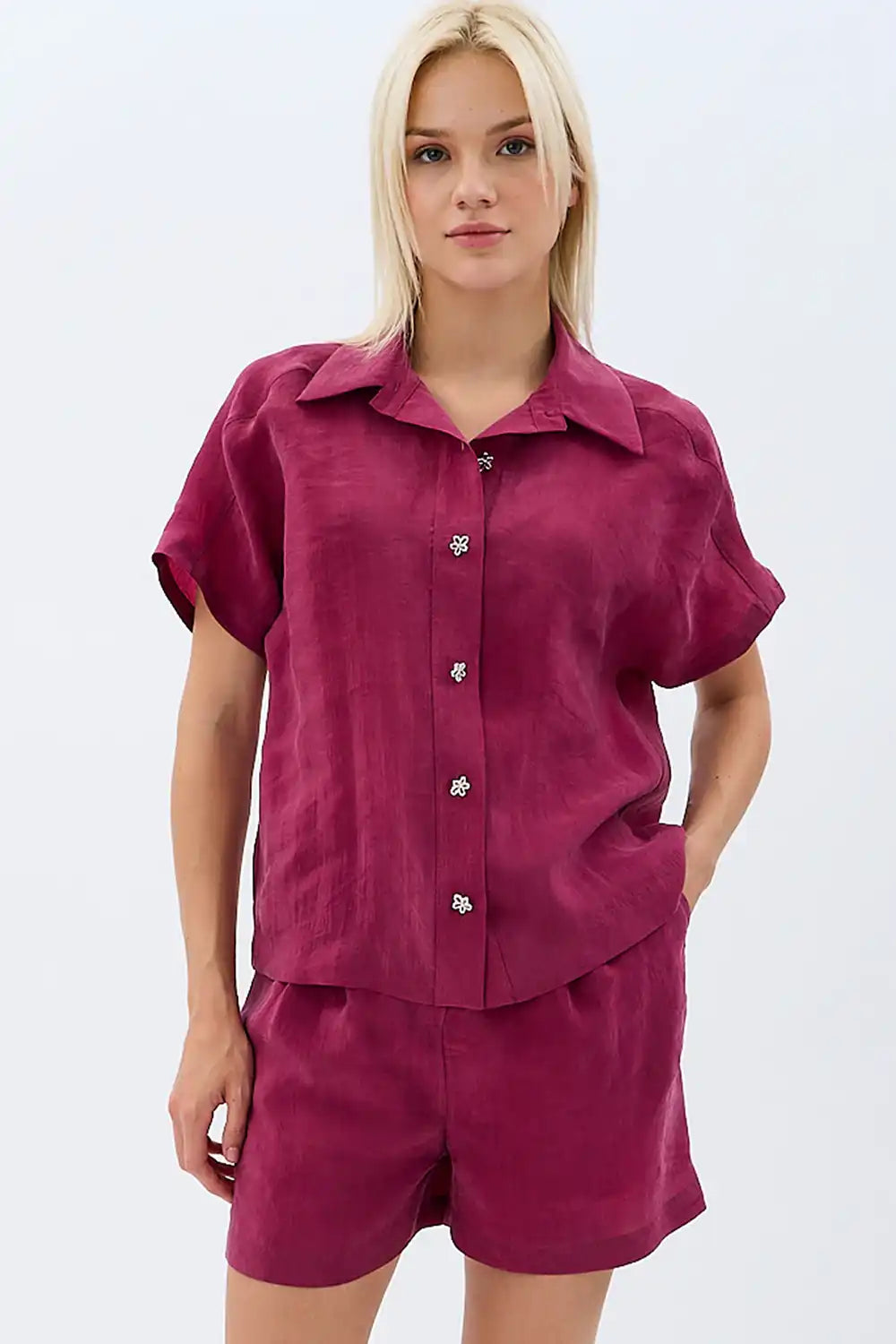 Tasarım Düğmeli Gömlek (Bordo)