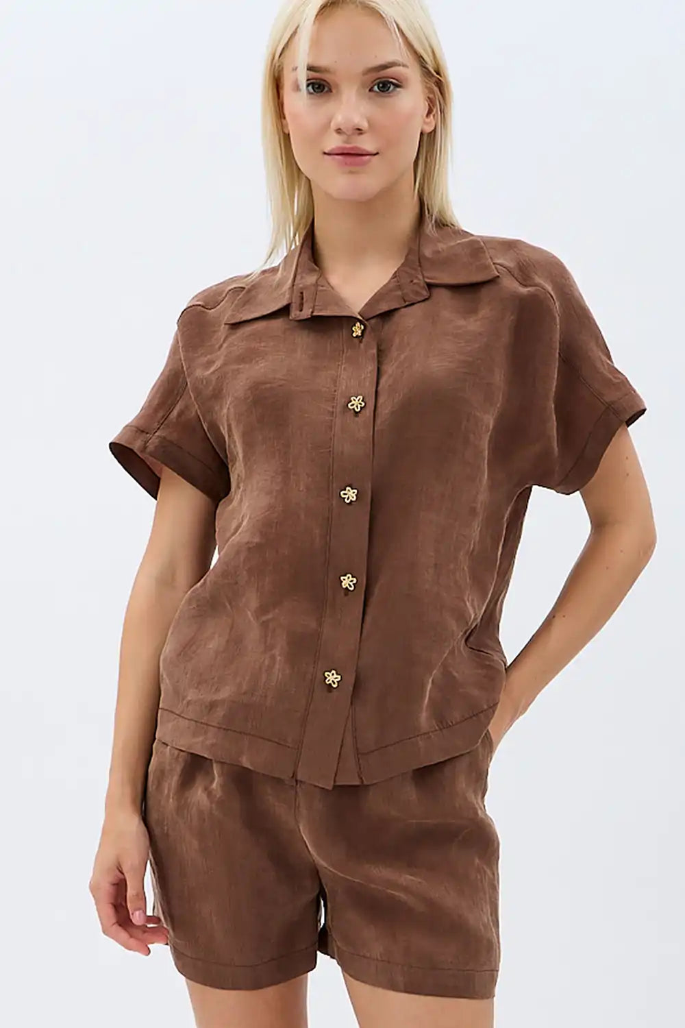 Tasarım Düğmeli Gömlek (Kahverengi)
